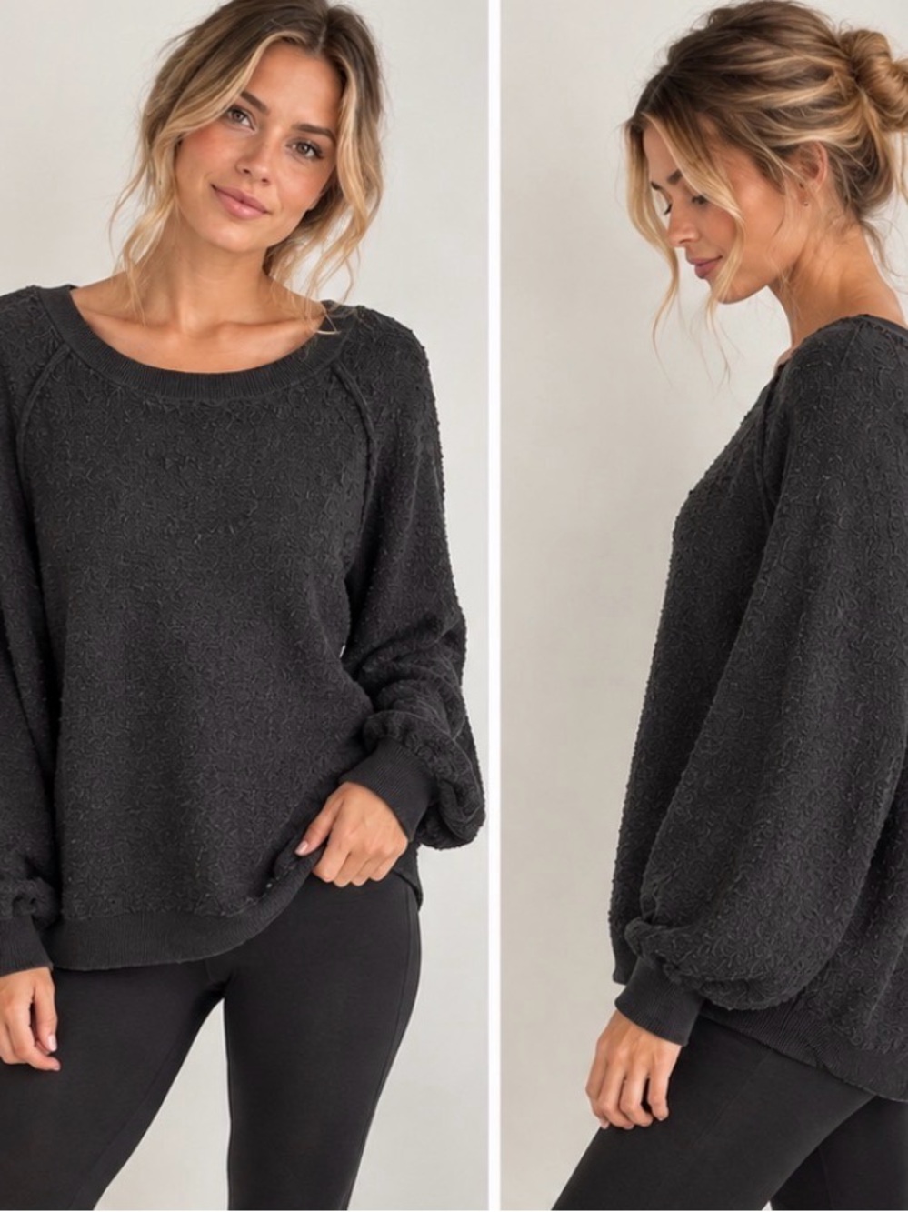 Free People Charcoal Textured Balloon-Sleeve Sweater